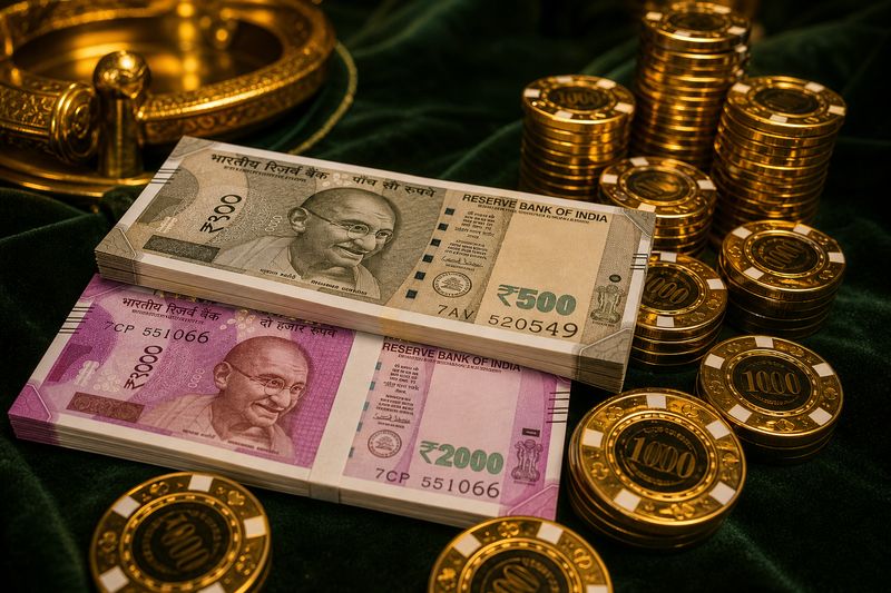 Indian rupee currency and casino chips